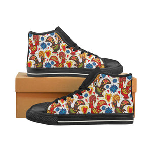 Colorful Rooster Chicken Guitar Pattern Women's High Top Canvas Shoes Black