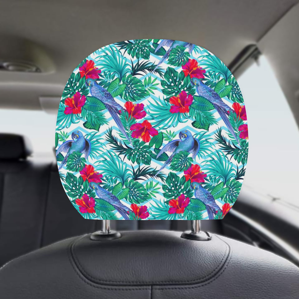 Blue Parrot Hibiscus Pattern Car Headrest Cover