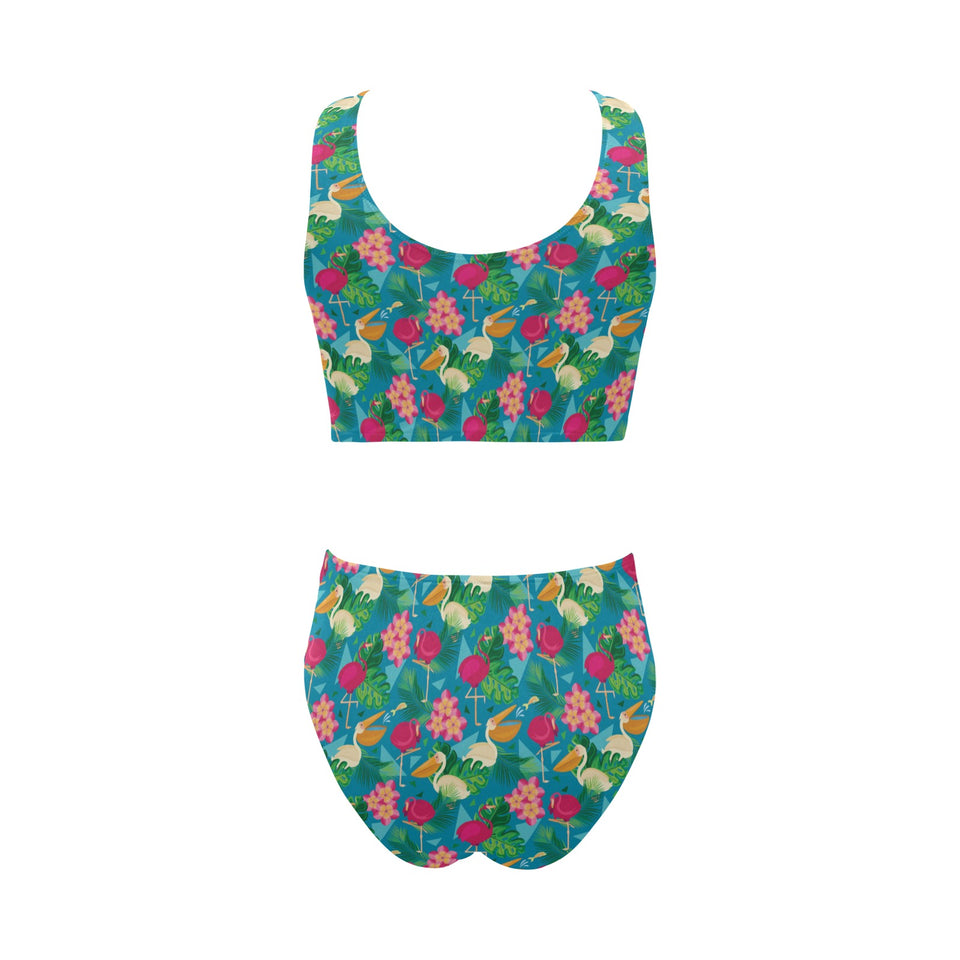 Pelican Pattern Print Design 03 Chest Bowknot High Waisted Bikini Swimsuit