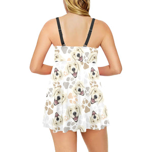 Golden Retriever Pattern Print Design 02 Chest Sexy Pleated Two Piece Swim Dress