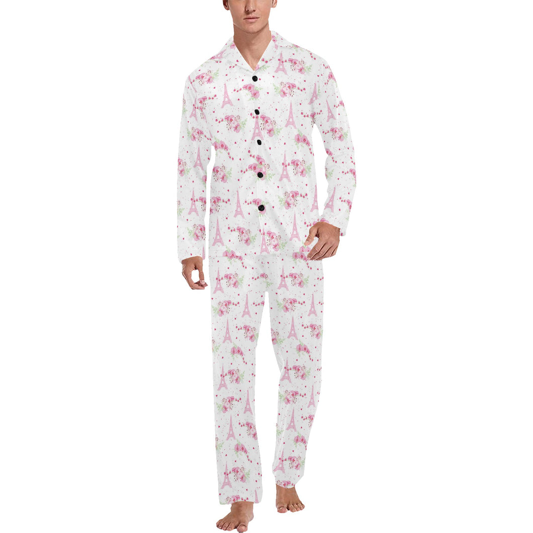 Eiffel Tower Pink Theme Pattern Print Design 05 Men's Long Pajama Set