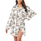 English Bulldog Pattern Print Design 01 Women's Long Sleeve Belted Night Robe