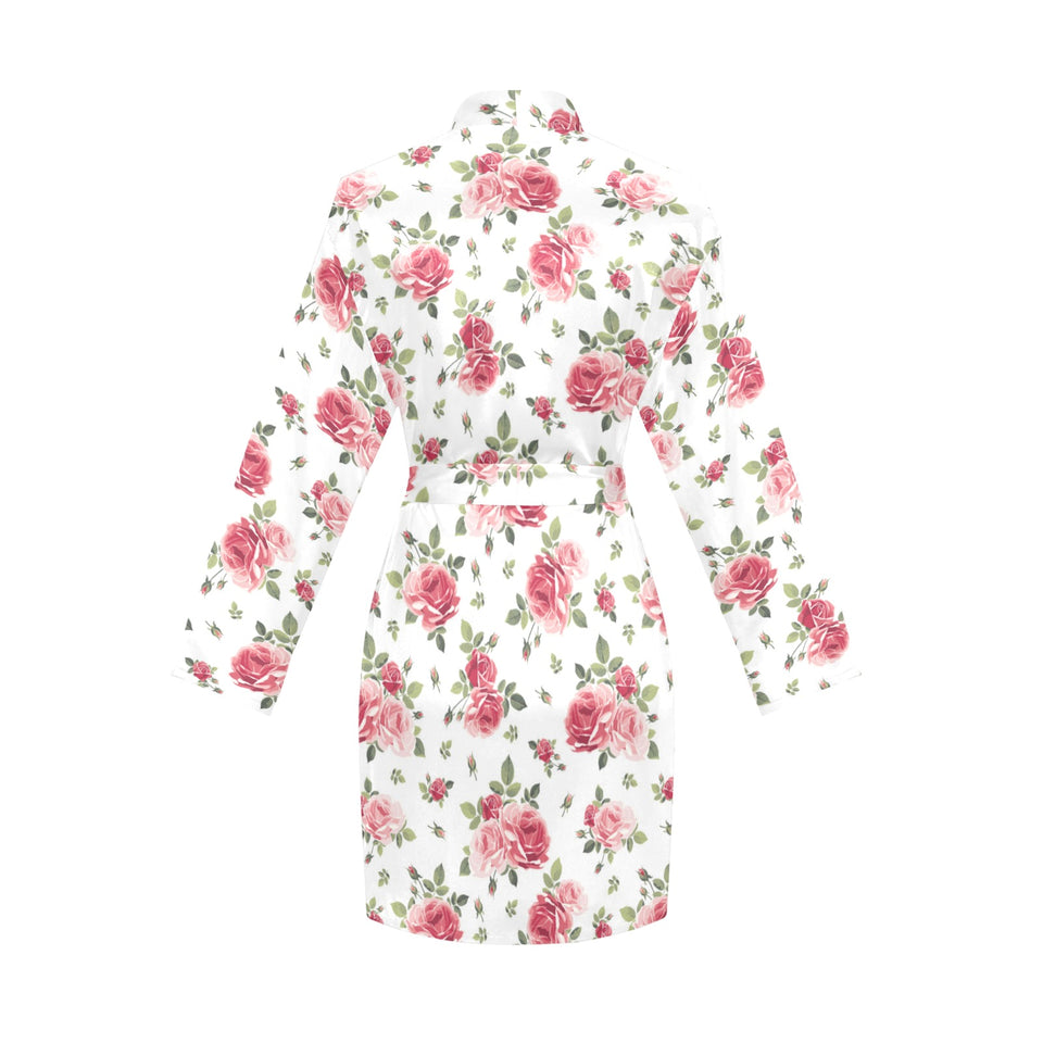 Rose Pattern Print Design 02 Women's Long Sleeve Belted Night Robe