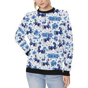 Horse Flower Blue Theme Pattern Women's Crew Neck Sweatshirt