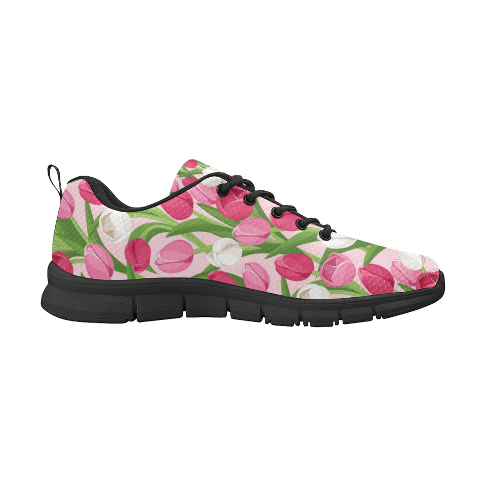 Pink White Tulip Pattern Women's Sneakers Black