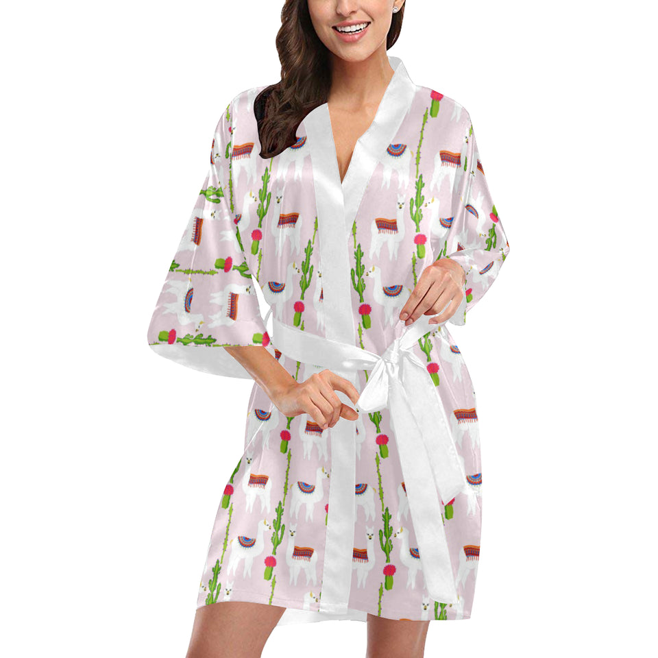 Llama Cactus Pattern Women's Short Kimono Robe