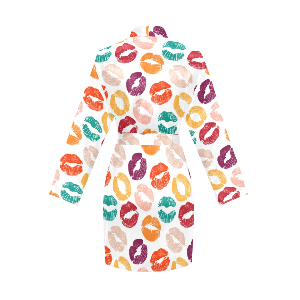 Lips Pattern Print Design 03 Women's Long Sleeve Belted Night Robe