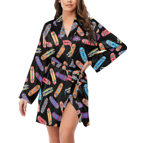 Skate Board Pattern Print Design 04 Women's Long Sleeve Belted Night Robe