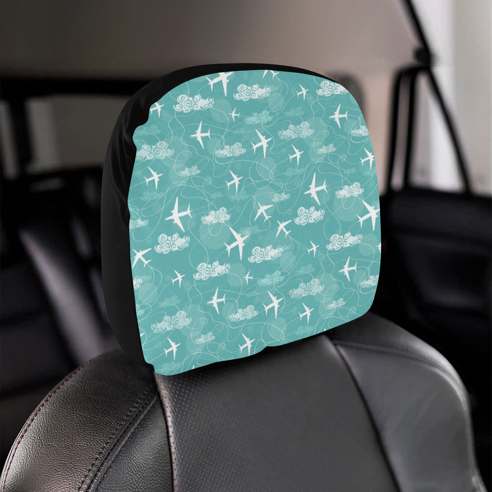 Airplane Cloud Pattern Green Background Car Headrest Cover