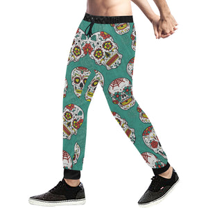 Suger Skull Pattern Green Background Unisex Casual Sweatpants