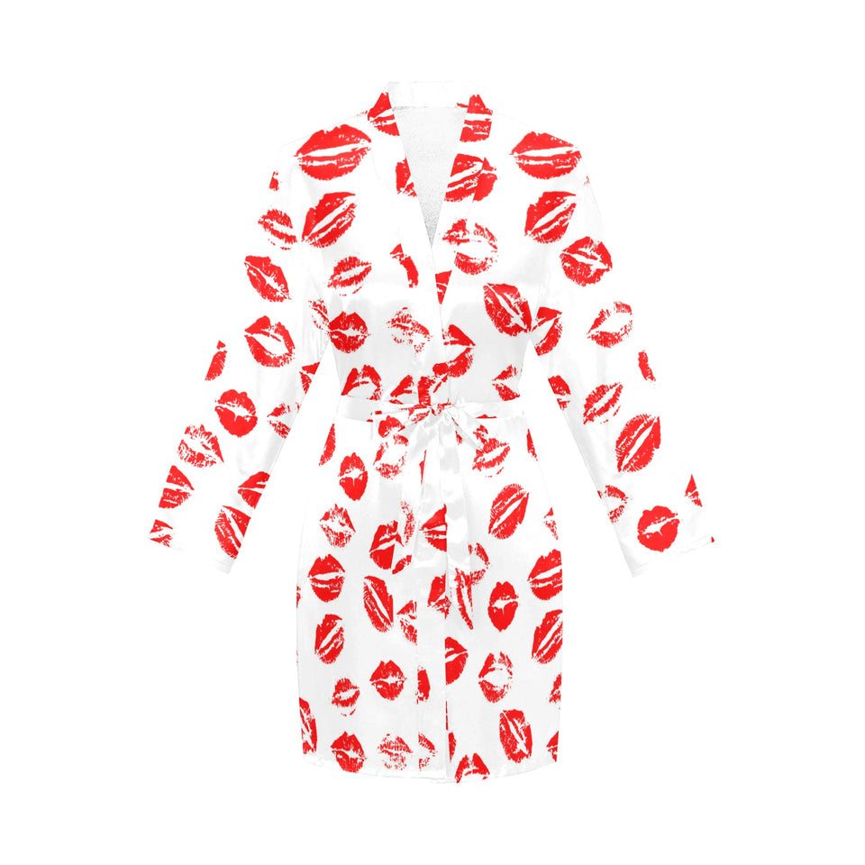 Lips Pattern Print Design 01 Women's Long Sleeve Belted Night Robe