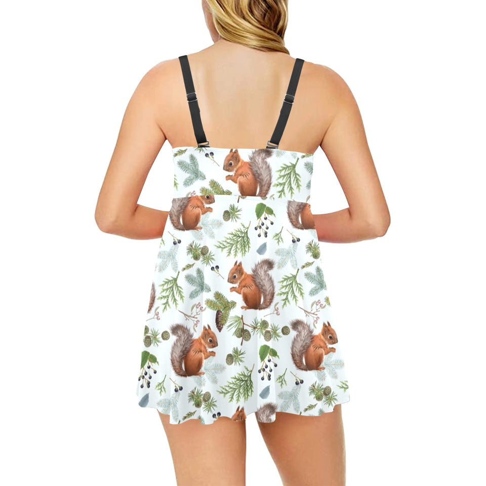 Squirrel Pattern Print Design 02 Chest Sexy Pleated Two Piece Swim Dress