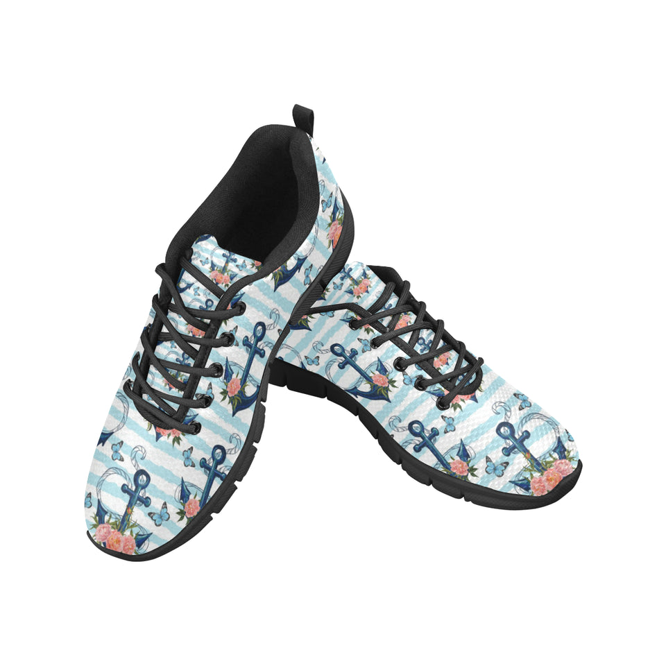 Anchor Flower Blue Stripe Pattern Men's Sneakers Black