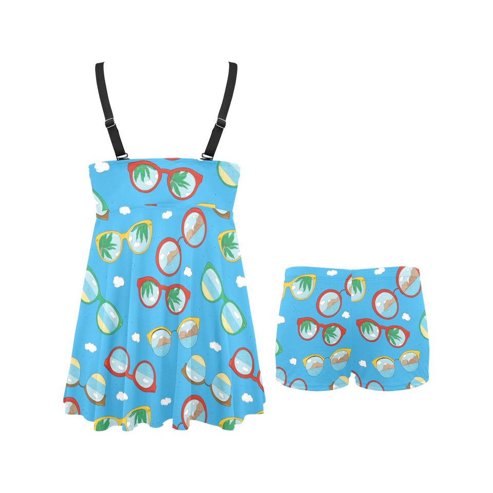 Sun Glasses Pattern Print Design 03 Chest Sexy Pleated Two Piece Swim Dress