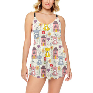 Teddy Bear Pattern Print Design 04 Chest Sexy Pleated Two Piece Swim Dress