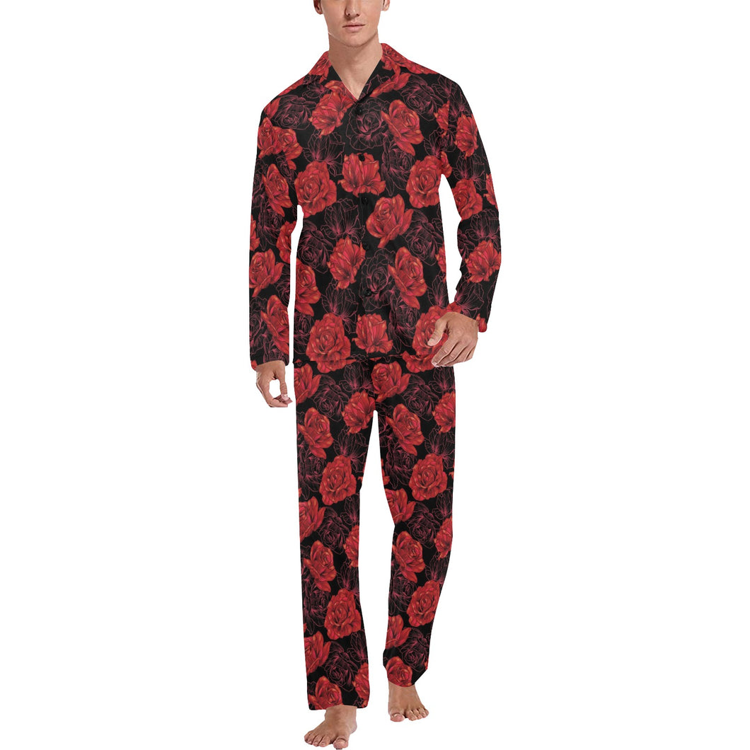 Rose Pattern Print Design 01 Men's Long Pajama Set