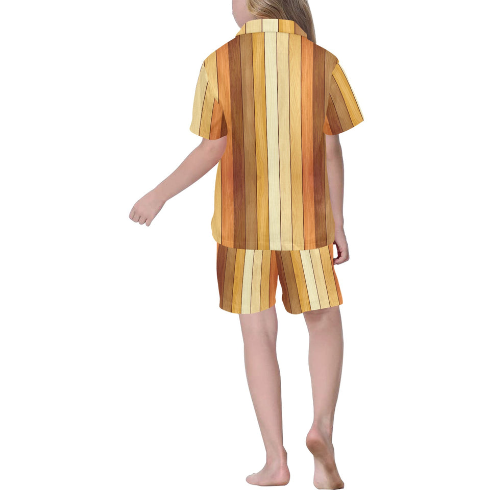 Wood Printed Pattern Print Design 01 Kids' Boys' Girls' V-Neck Short Pajama Set