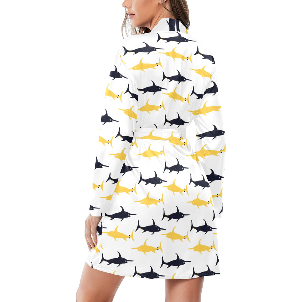 Swordfish Pattern Print Design 05 Women's Long Sleeve Belted Night Robe