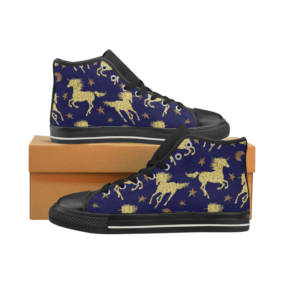 Unicorn Gold Pattern Men's High Top Canvas Shoes Black