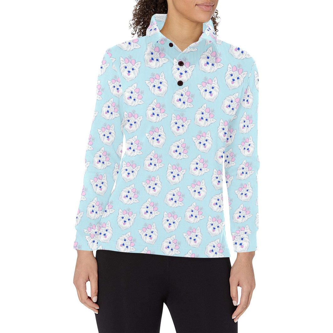 Yorkshire Terrier Pattern Print Design 01 Women's Long Sleeve Polo Shirt