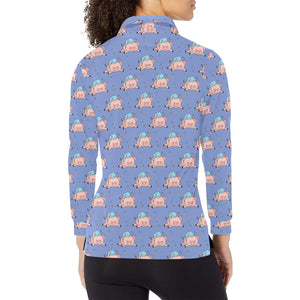 Pig Pattern Print Design 03 Women's Long Sleeve Polo Shirt