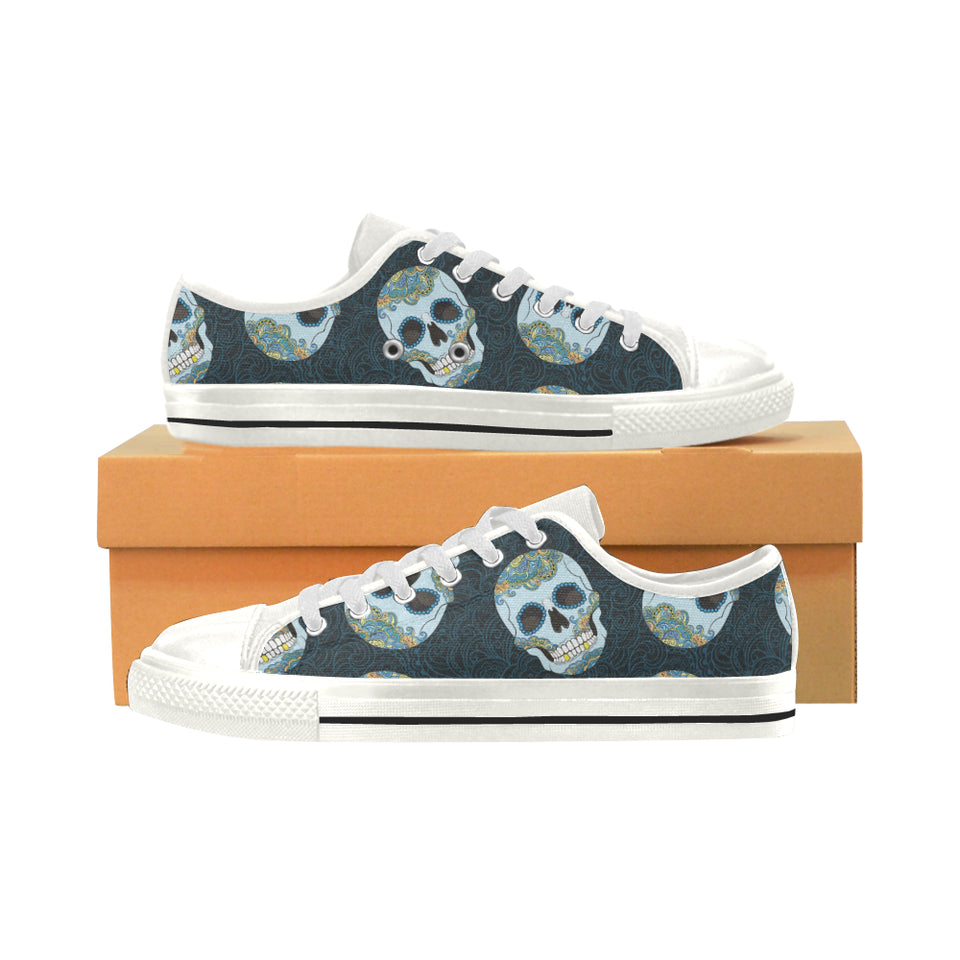 Suger Skull Pattern Women's Low Top Canvas Shoes White