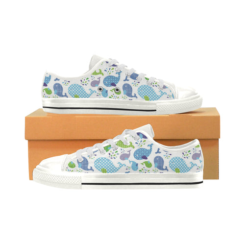 Whale Stripe Dot Pattern Women's Low Top Canvas Shoes White