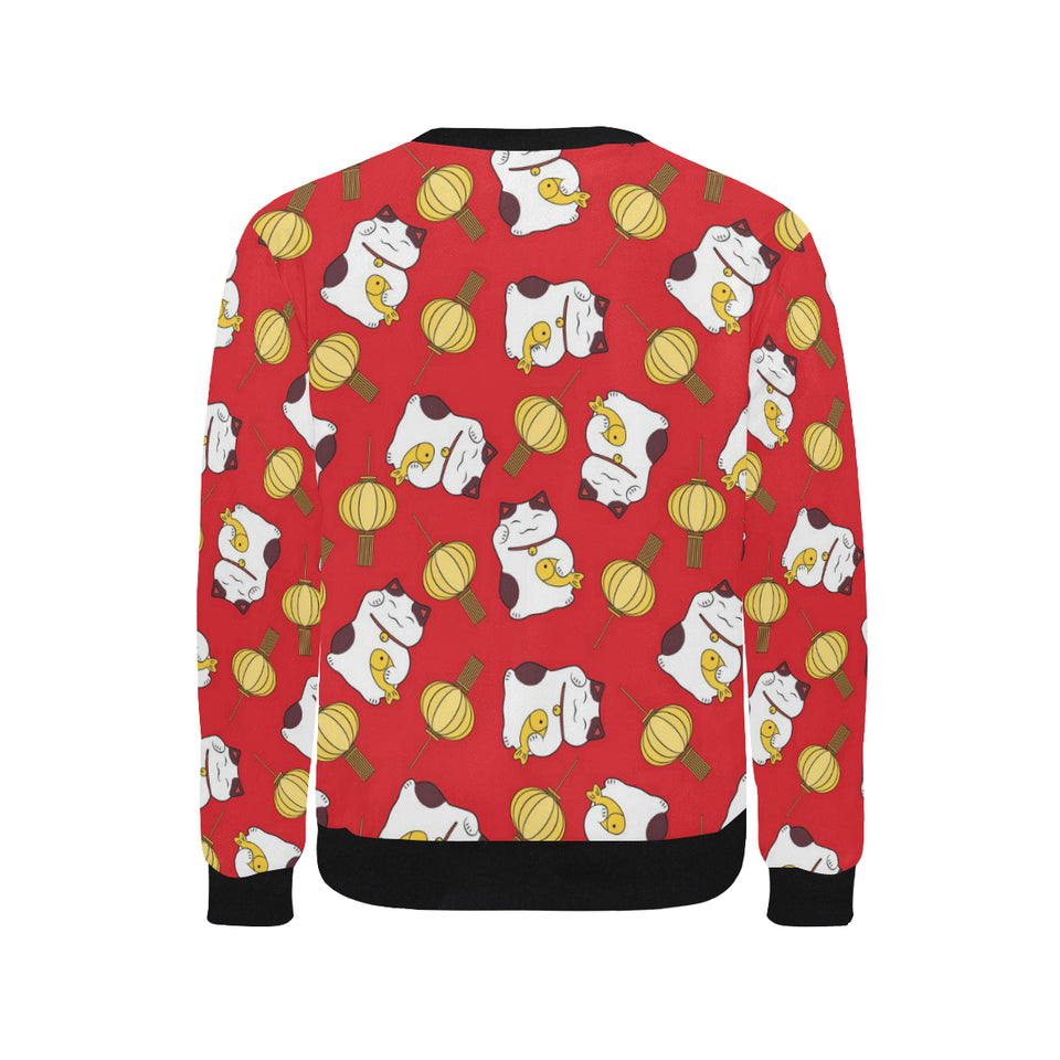 Meneki Neko Lucky Cat Pattern Red Theme Men's Crew Neck Sweatshirt
