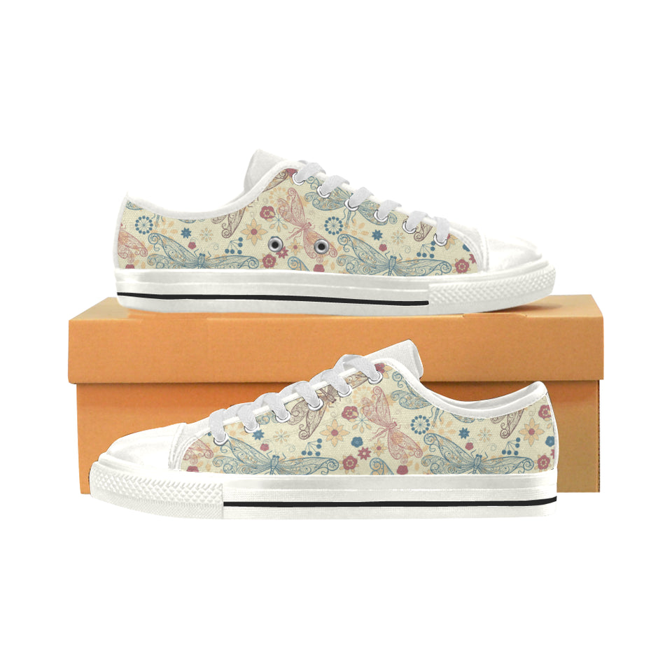 Dragonfly Flower Pattern Women's Low Top Canvas Shoes White