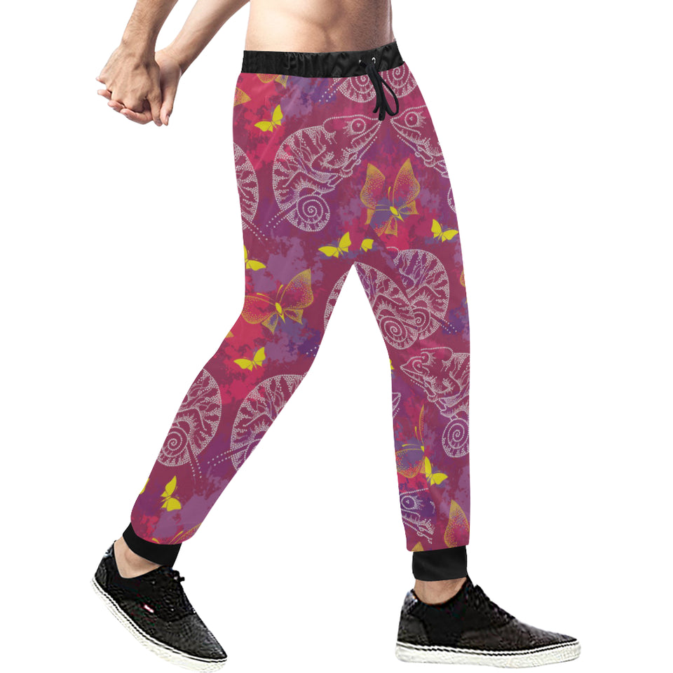 Pink Chameleon Lizard Butterfly Pattern Unisex Casual Sweatpants