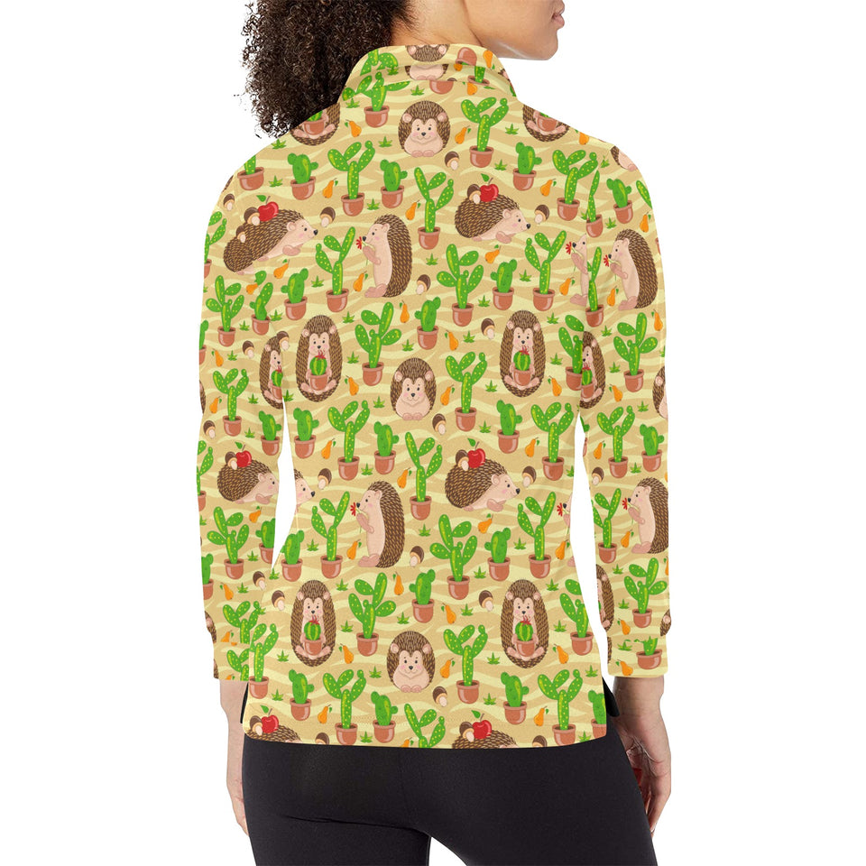 Hedgehog Pattern Print Design 02 Women's Long Sleeve Polo Shirt