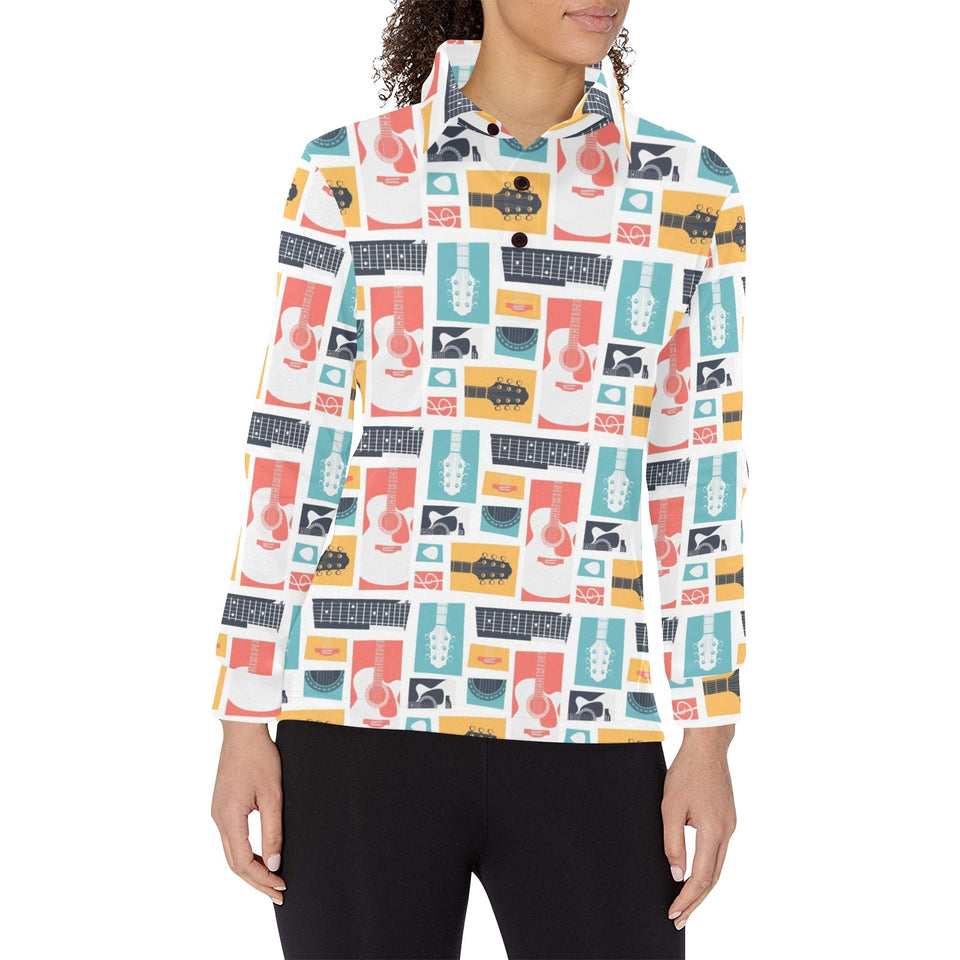 Guitar Pattern Background Women's Long Sleeve Polo Shirt