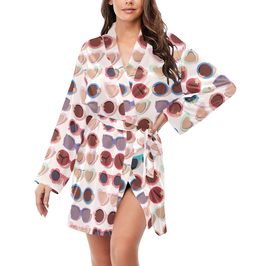 Sun Glasses Pattern Print Design 04 Women's Long Sleeve Belted Night Robe