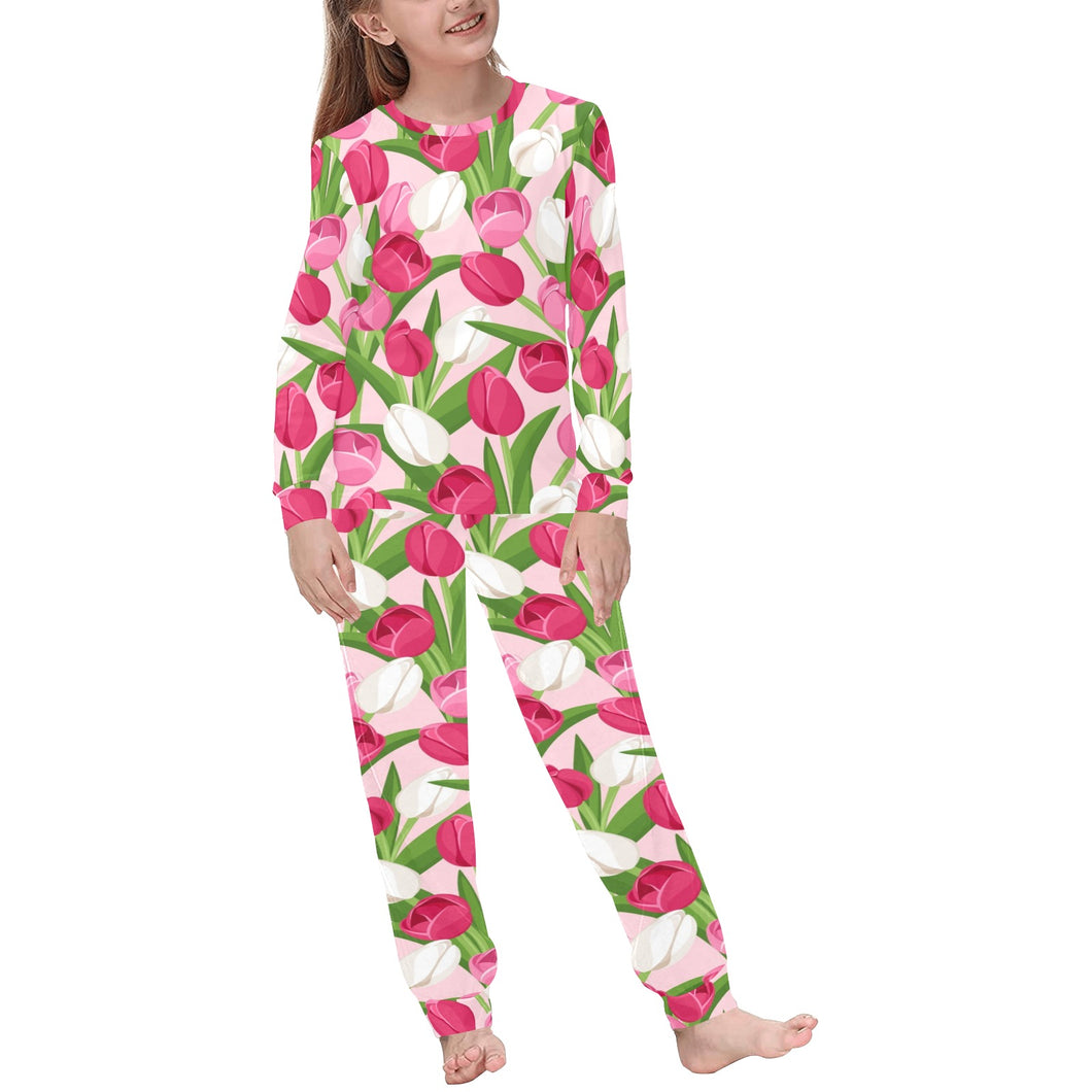 Pink White Tulip Pattern Kids' Boys' Girls' All Over Print Pajama Set