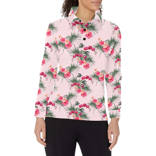 Red Pink Orchid Hibiscus Pattern Women's Long Sleeve Polo Shirt