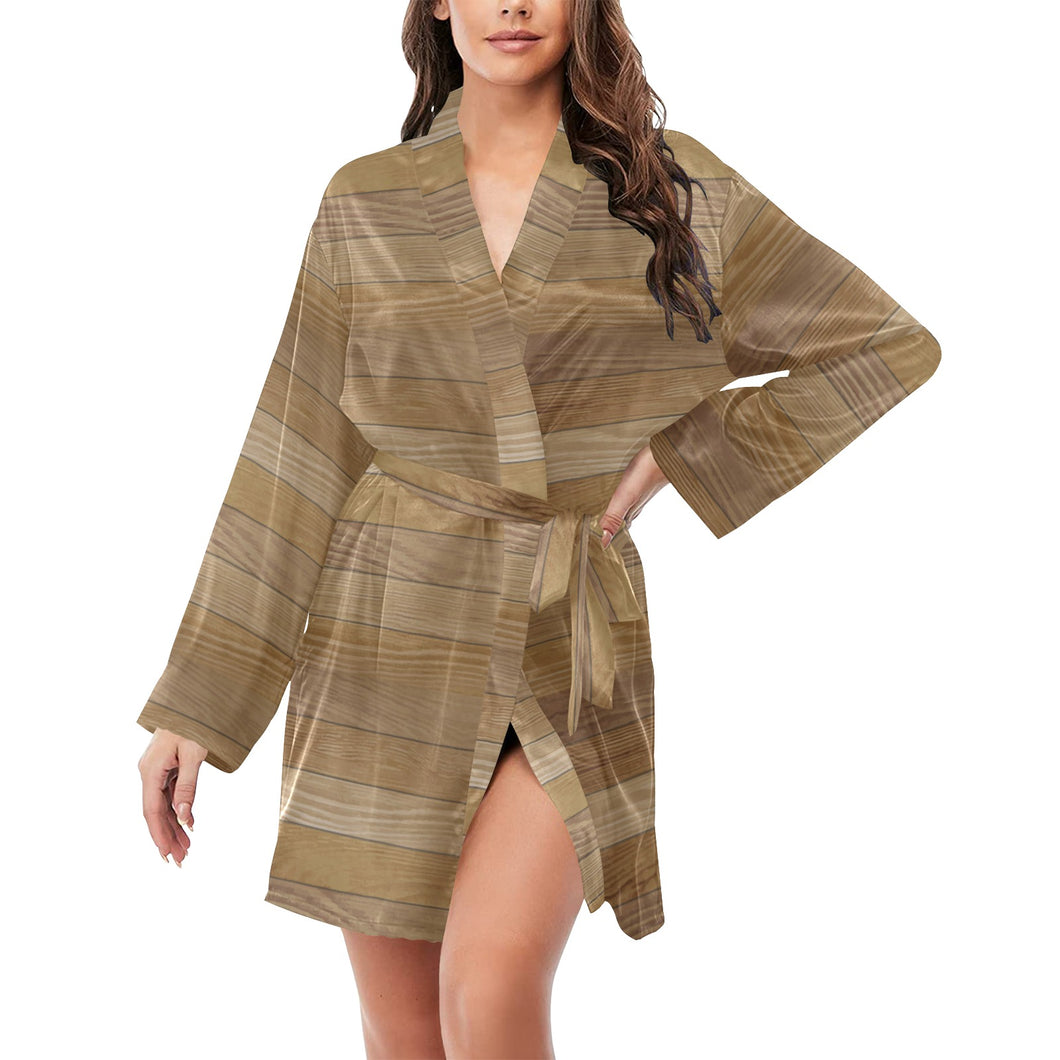 Wood Printed Pattern Print Design 02 Women's Long Sleeve Belted Night Robe