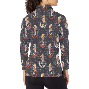 Seahorse Pattern Women's Long Sleeve Polo Shirt