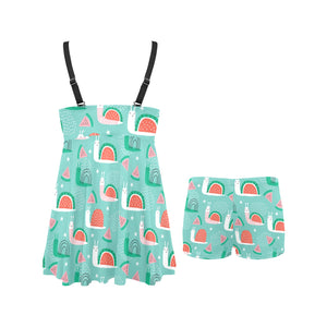 Snail Pattern Print Design 01 Chest Sexy Pleated Two Piece Swim Dress