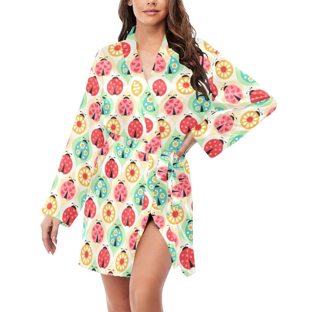 Ladybug Pattern Print Design 02 Women's Long Sleeve Belted Night Robe