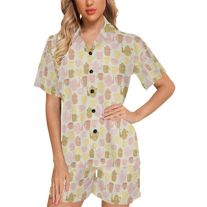 Tea pots Pattern Print Design 02 Women's V-Neck Short Pajama Set