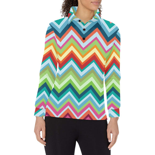 Rainbow Zigzag Chavron Pattern Women's Long Sleeve Polo Shirt