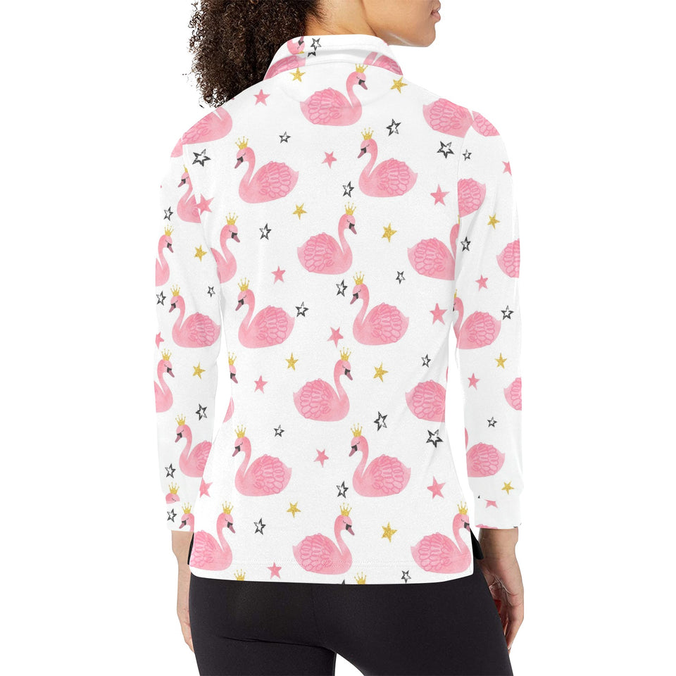 Pink Swan Pattern Women's Long Sleeve Polo Shirt