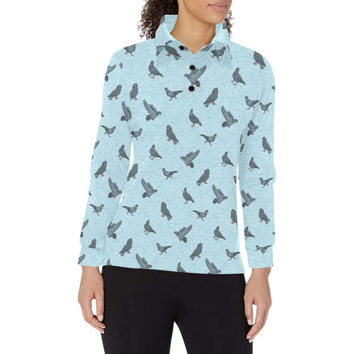 Pigeon Pattern Print Design 02 Women's Long Sleeve Polo Shirt