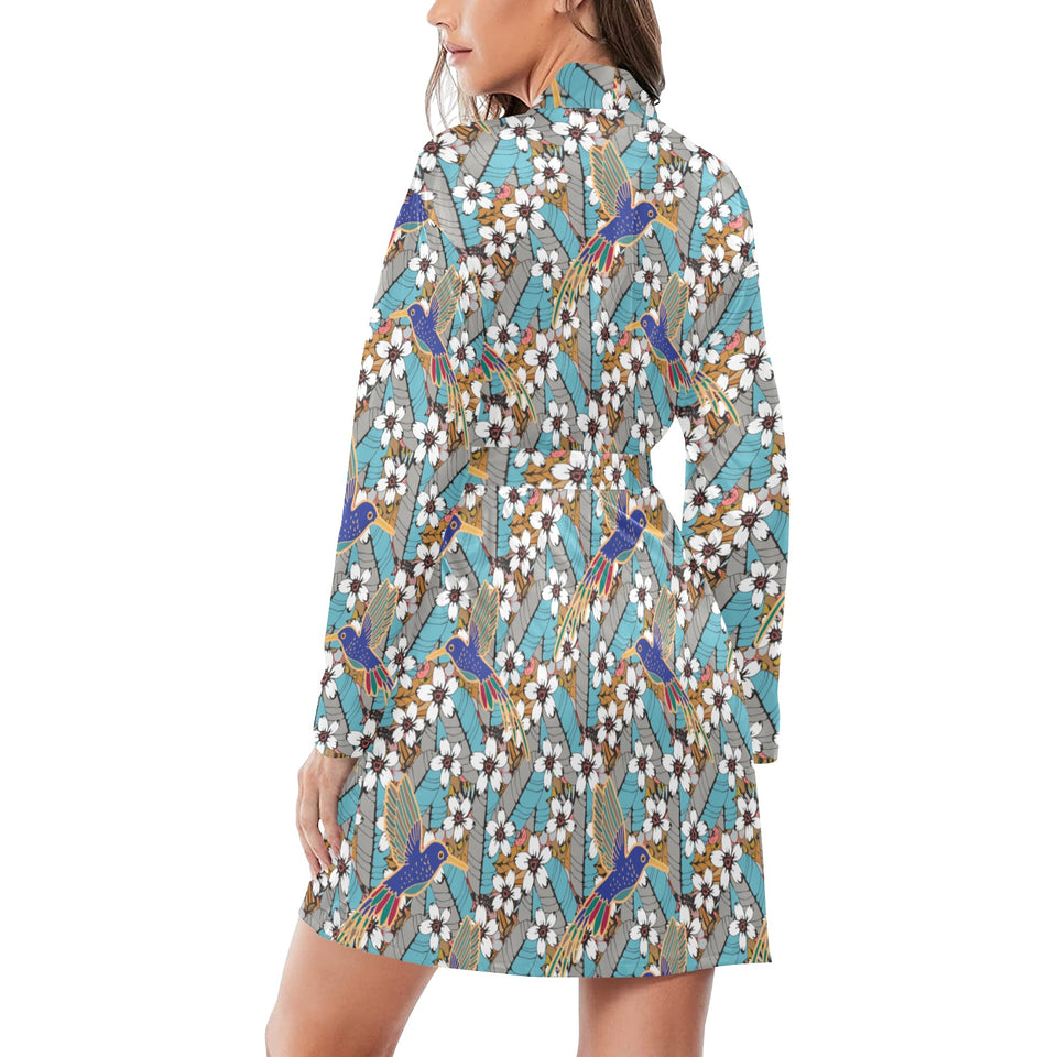 Hummingbird Pattern Print Design 02 Women's Long Sleeve Belted Night Robe