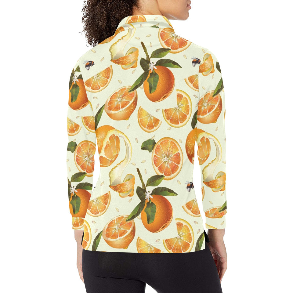 Orange Pattern Women's Long Sleeve Polo Shirt