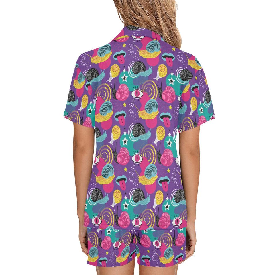 Snail Pattern Print Design 02 Women's V-Neck Short Pajama Set