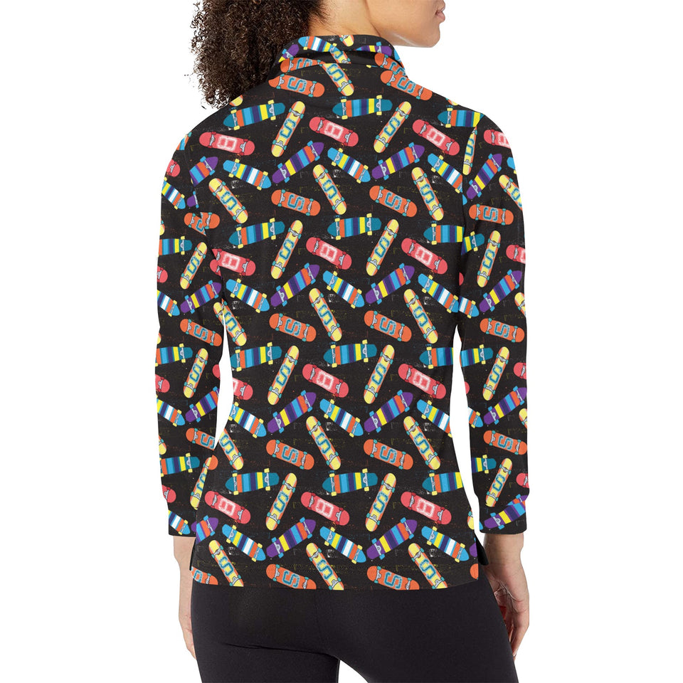 Skate Board Pattern Print Design 02 Women's Long Sleeve Polo Shirt