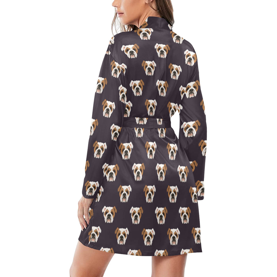 English Bulldog Pattern Print Design 03 Women's Long Sleeve Belted Night Robe