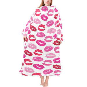 Lips Pattern Print Design 05 Blanket Robe with Sleeves