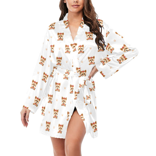 Yorkshire Terrier Pattern Print Design 03 Women's Long Sleeve Belted Night Robe